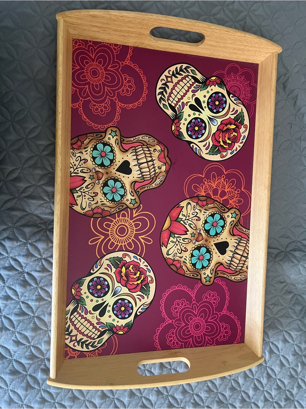 Wood Serving Tray with Maroon Sugar Skull Design by